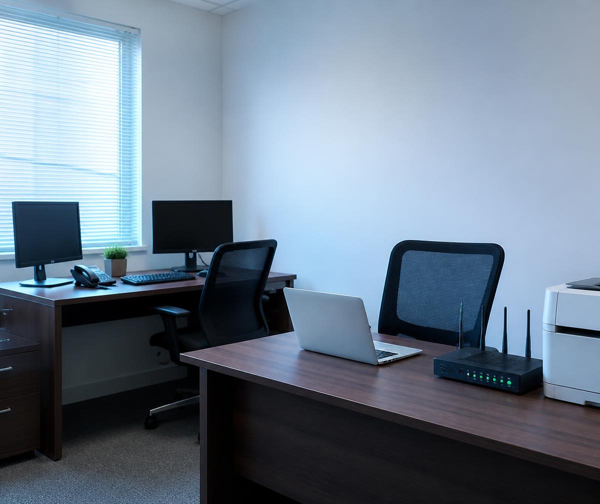 Escritório com computadores conectados à rede da empresa